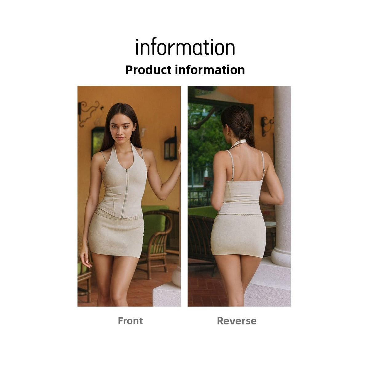 Cream double-zip halter active top front and back view