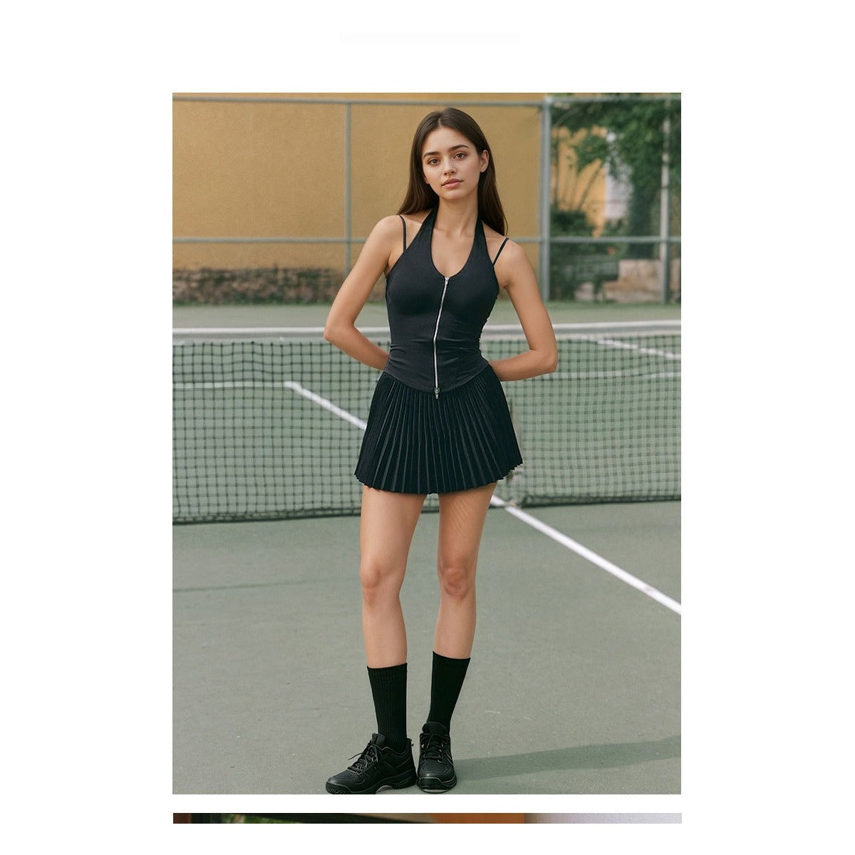 Black double-zip halter active top full court look