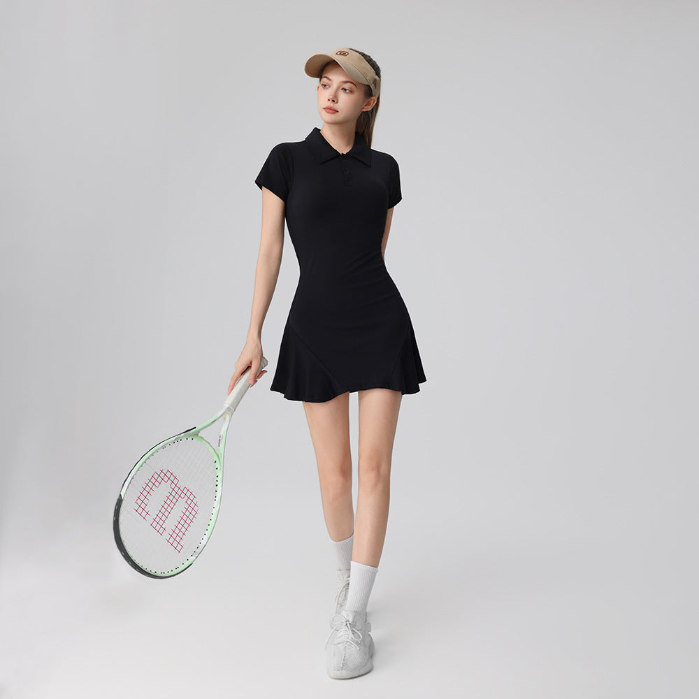Short-sleeve polo tennis dress with built-in shorts – image 2