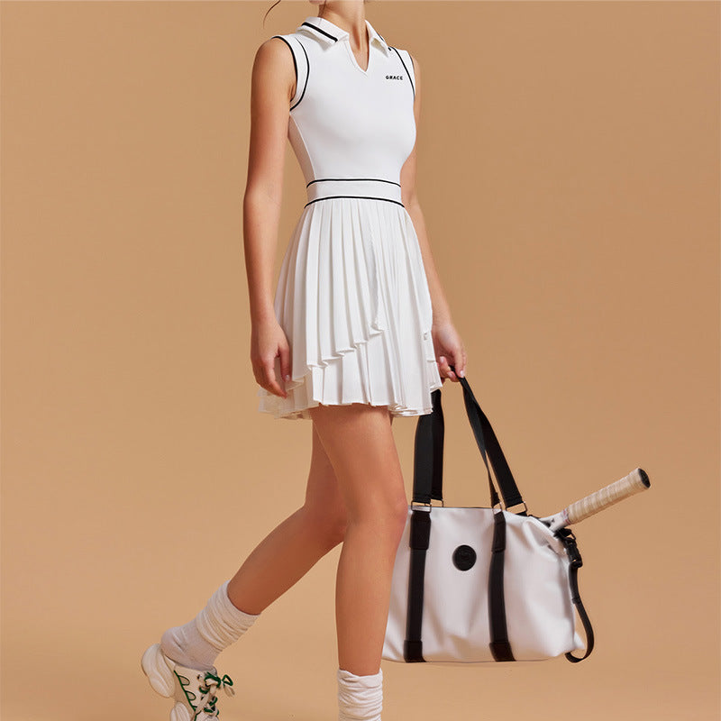 White pleated tennis dress full-length view
