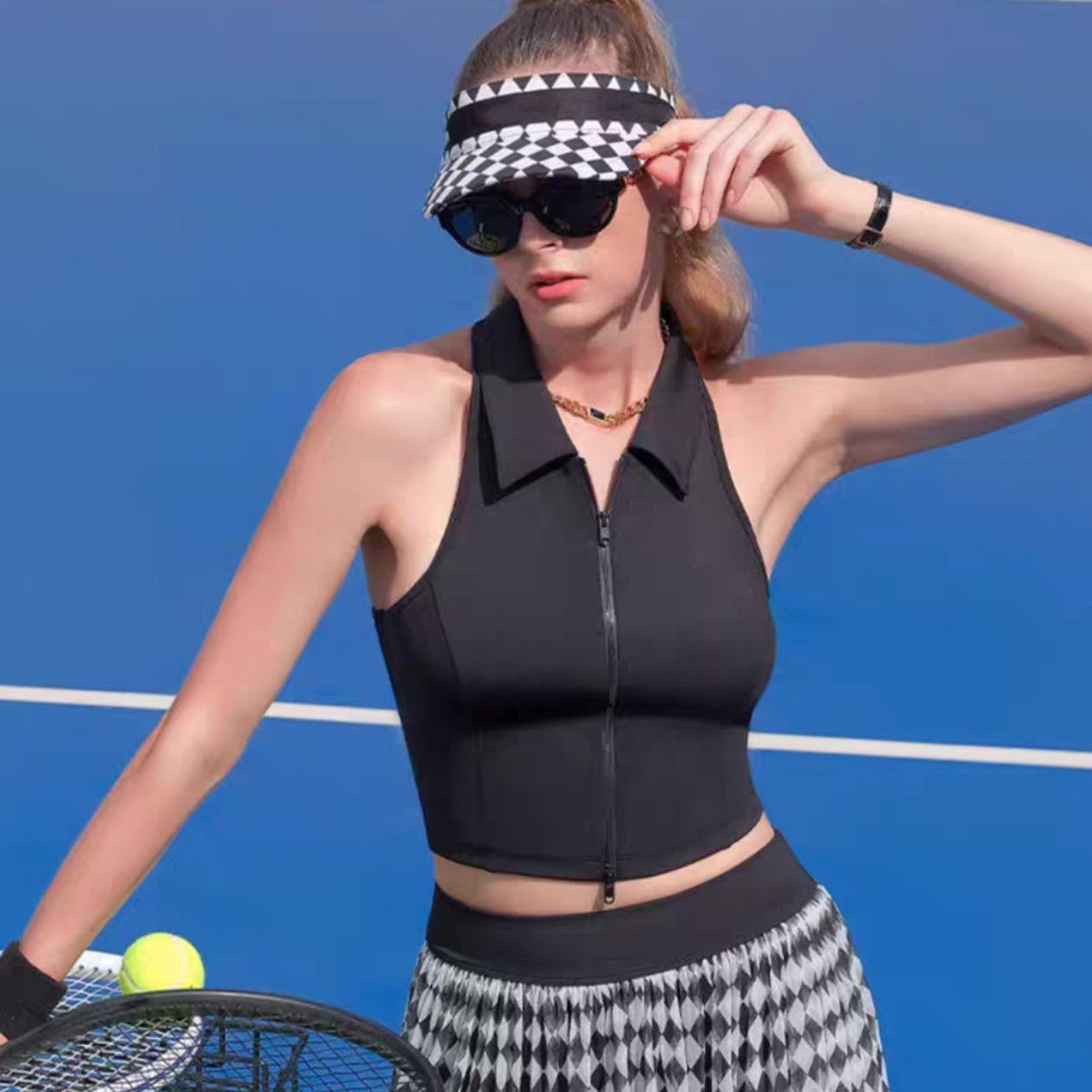 Women's Sleeveless Polo Tennis Top & Checkered Skirt Separates