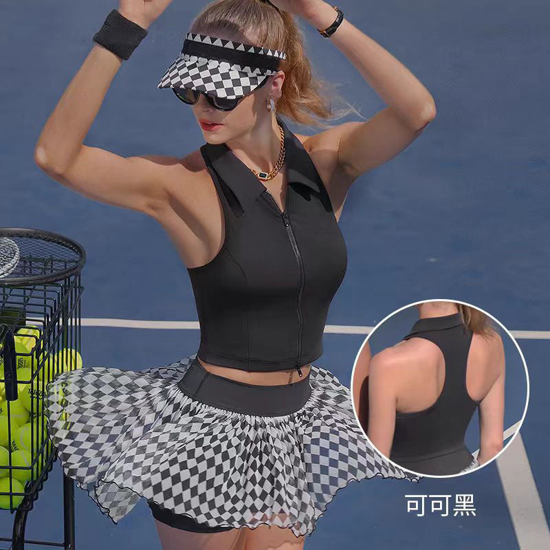 Women's Sleeveless Polo Tennis Top & Checkered Skirt Separates