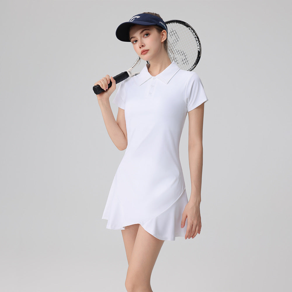 Short-sleeve polo tennis dress with built-in shorts – image 4