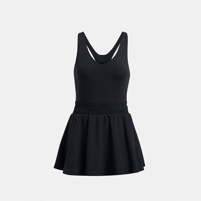 Front and back view of black cross-back tennis dress