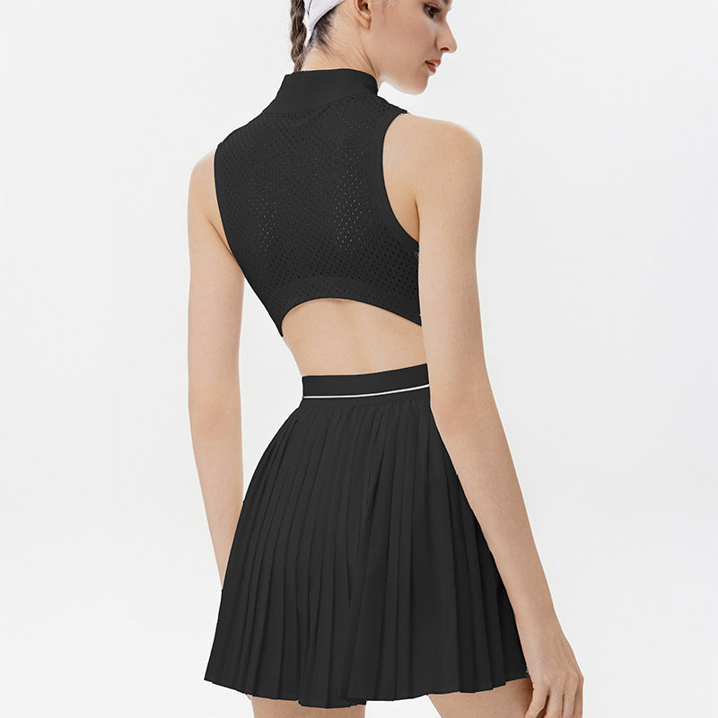 White half-zip pleated tennis dress front view