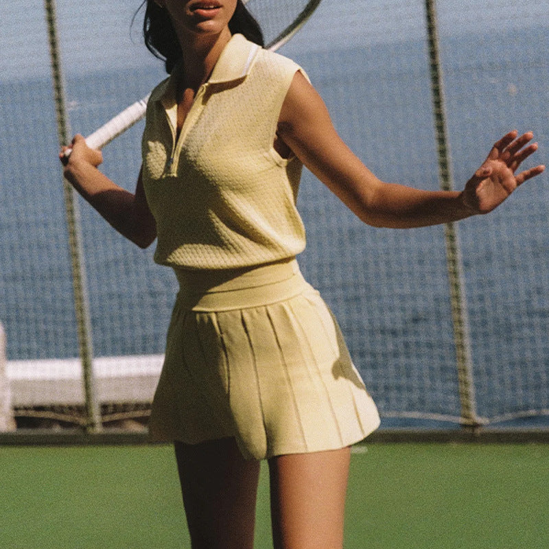 Yellow half-zip jacquard tennis vest and skirt