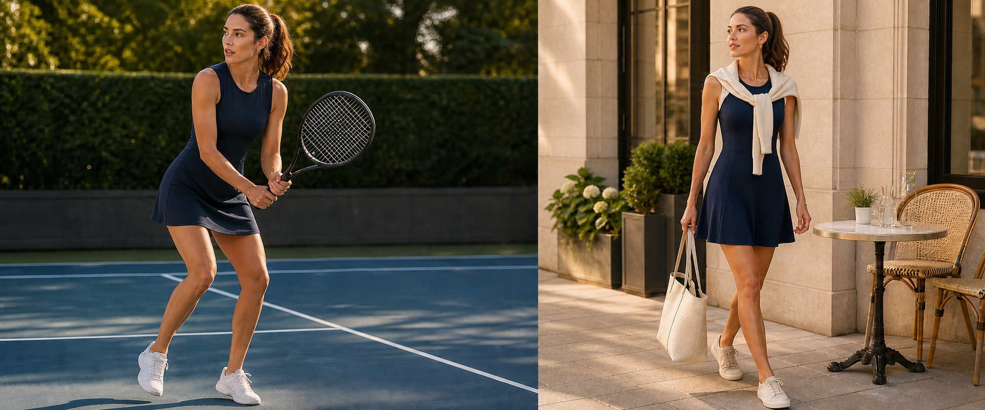Women's navy athletic dress from tennis court to city lifestyle