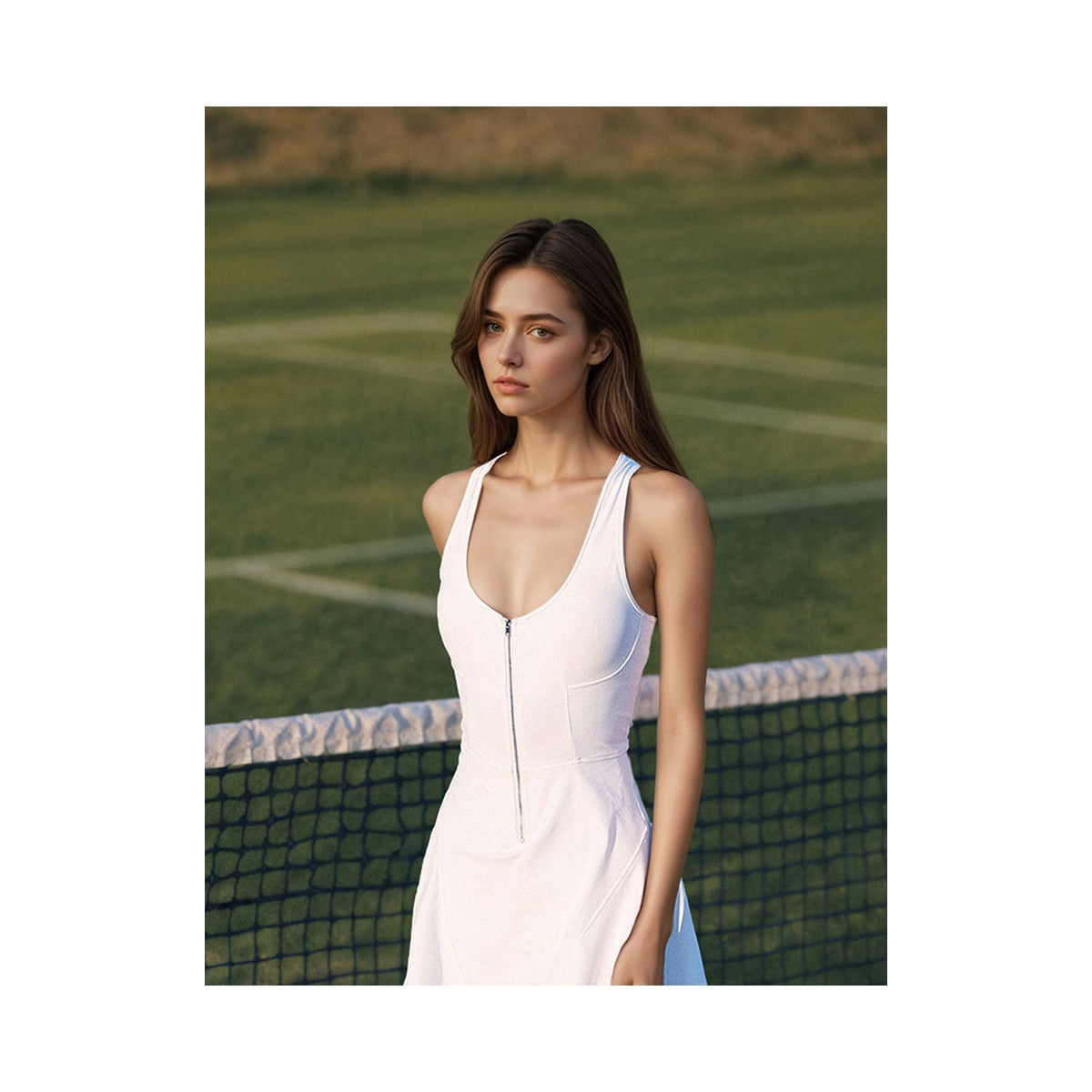 Women's front-zip tennis dress close-up on court