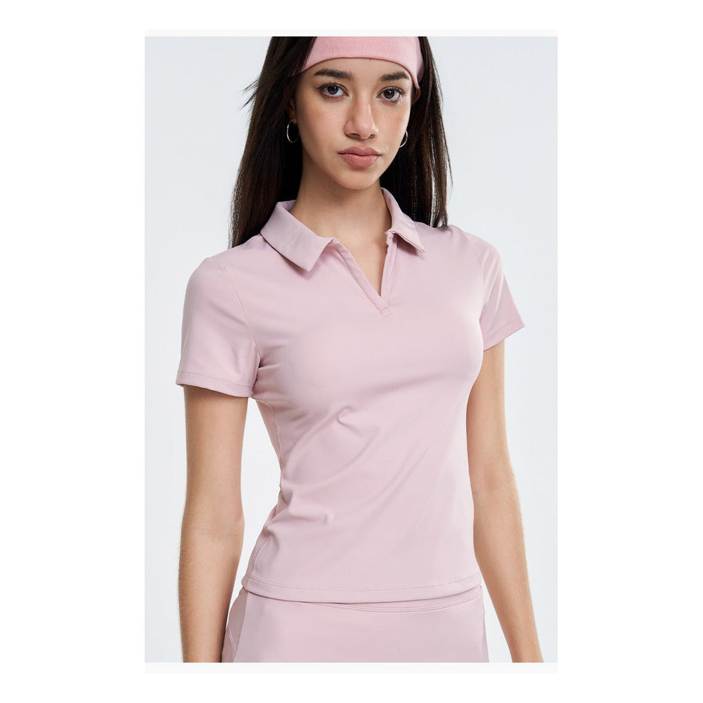 Women's Short-Sleeve Nylon Tennis Polo Top — pink front view