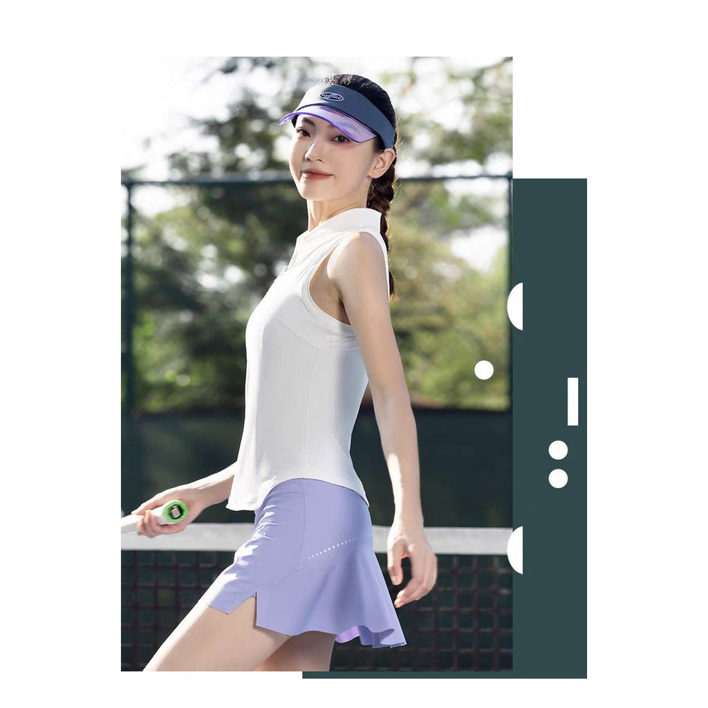 Women's sleeveless zip tennis top with lavender skirt
